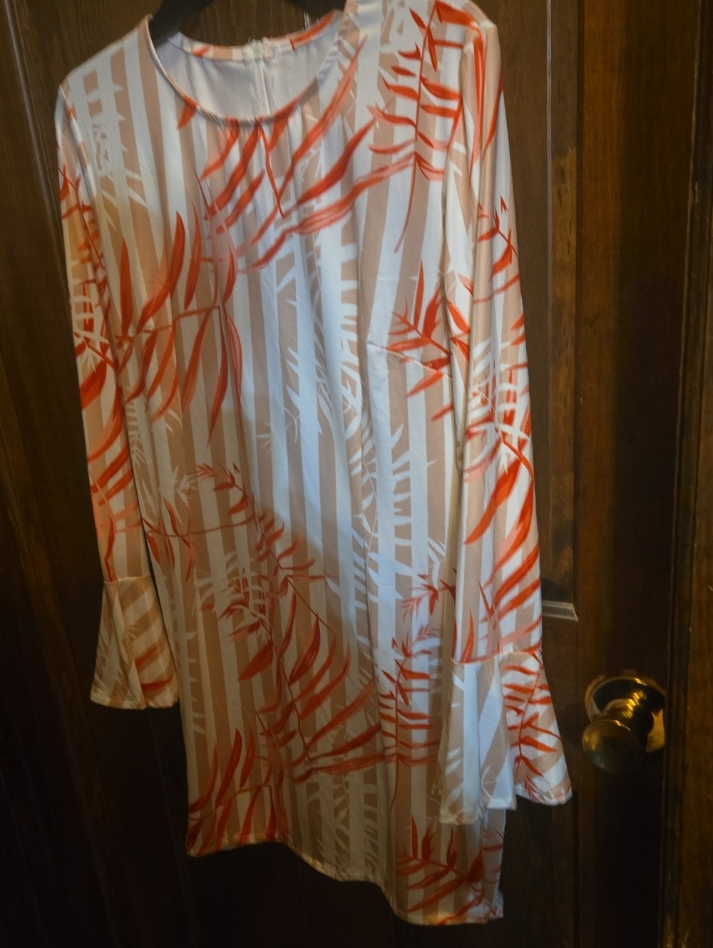 Women's Long Sleeve Beige & Coral Printed Shift Dress
